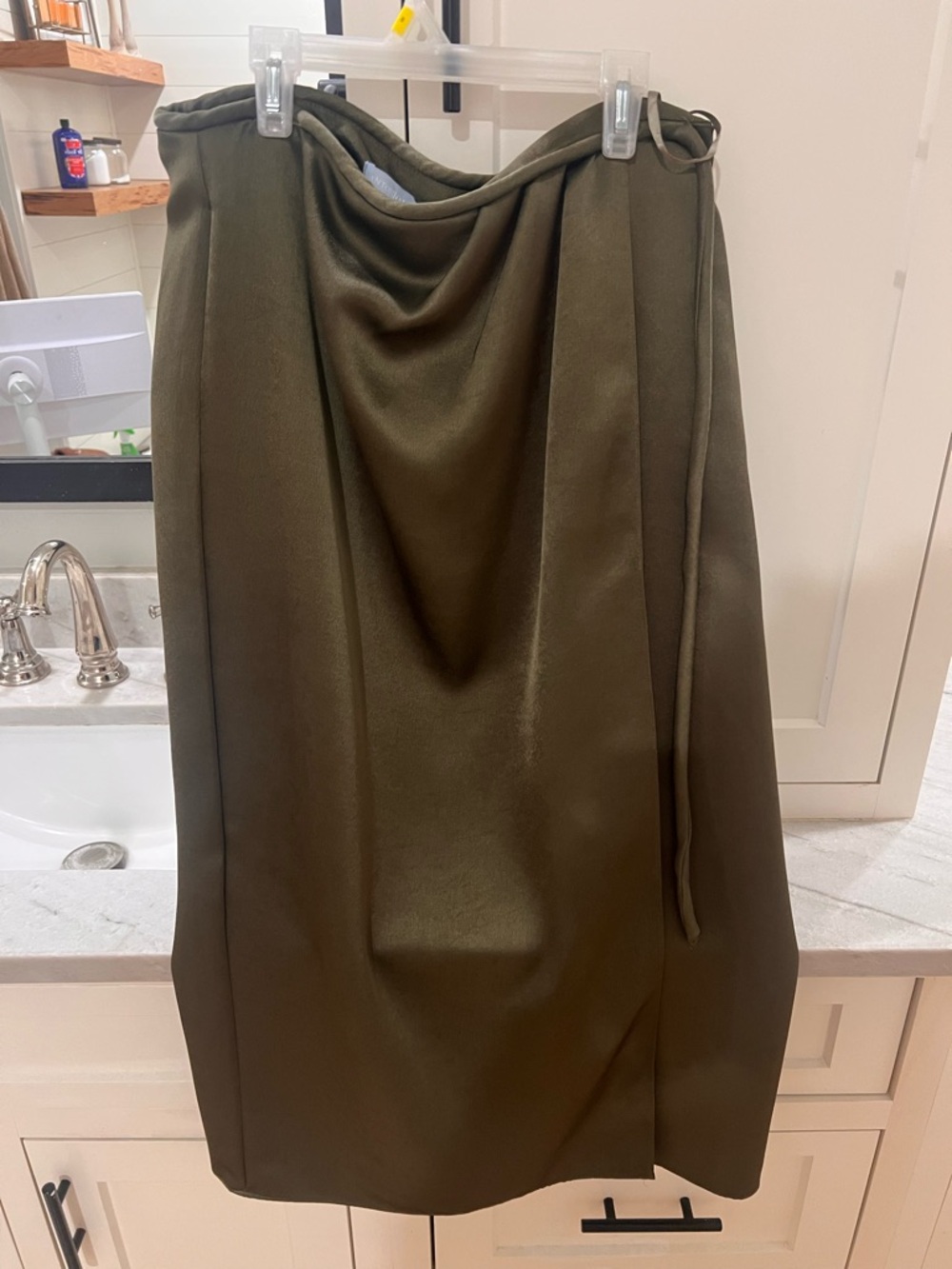 ANTONIO MELANI Olive Green Draped Midi Skirt with Side Tie Detail